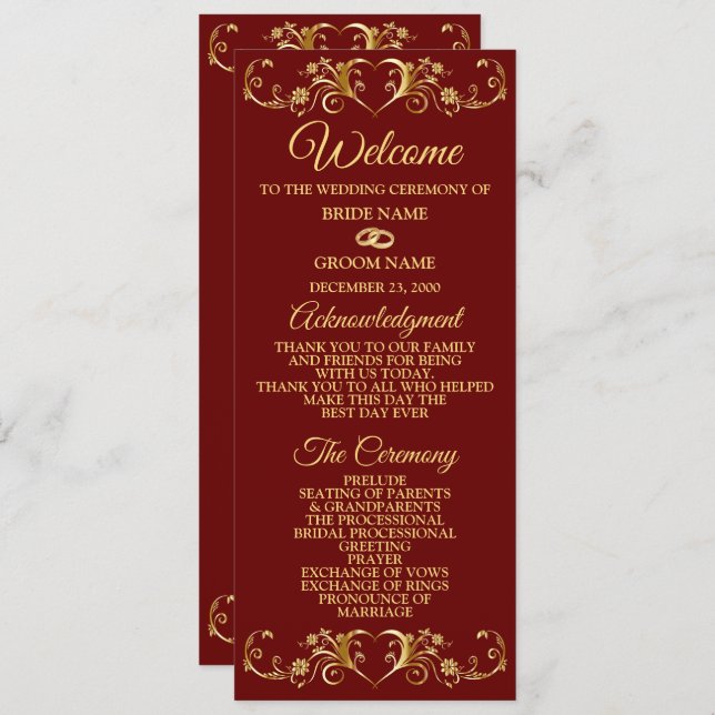 Red Golden Geometric Elegant Wedding  Programm (Vorne/Hinten)
