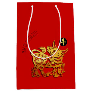 Red Golden Ox Papercut Chinesisches Neujahr 2021 M Mittlere Geschenktüte