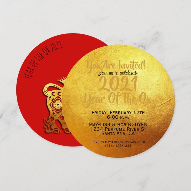 Red Golden Ox Papercut Chinesisches Neujahr 2021 R Einladung (Vorne/Hinten)