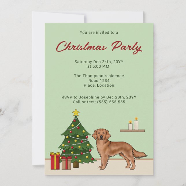 Red Golden Retriever Hund mit Weihnachtsbaum grün Einladung (Vorderseite)