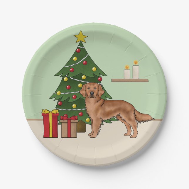 Red Golden Retriever Hund mit Weihnachtsbaum grün Pappteller (Vorderseite)
