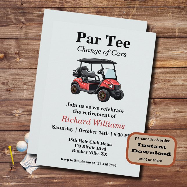 Red Golf Cart Par T-Shirt Themed Einladung (Von Creator hochgeladen)