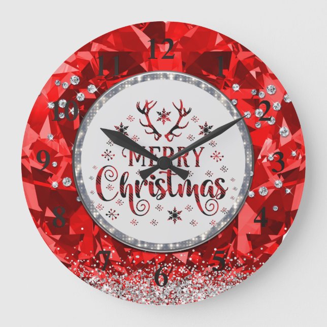 Red Gorgeous Emerald Frohe Weihnachten Große Wanduhr (Vorderseite)