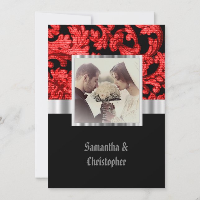 Red Gothic damask wedding photo invitation (Dos)