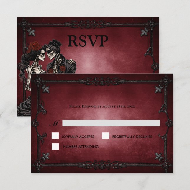 Red Gothic Halloween Alternative Wedding RSVP Card (Devant / Derrière)