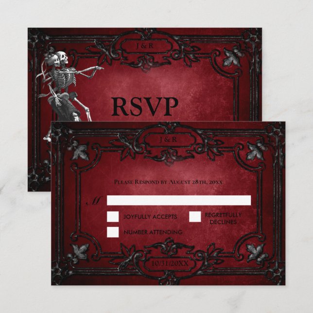 Red Gothic Halloween Alternative Wedding RSVP Card (Devant / Derrière)