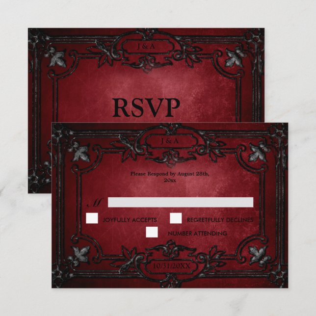 Red Gothic Halloween Alternative Wedding RSVP Card (Devant / Derrière)