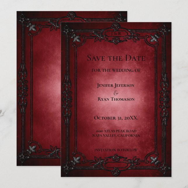 Red Gothic Halloween wedding save the date Ankündigung (Vorne/Hinten)