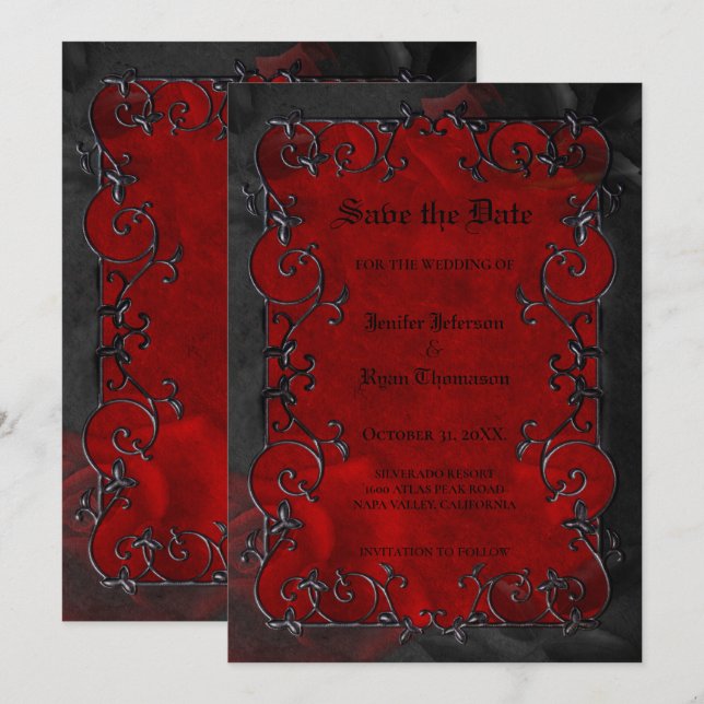 Red Gothic halloween wedding save the date Ankündigung (Vorne/Hinten)