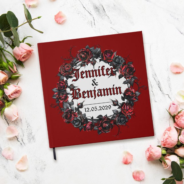 Red Gothic Rose Wedding Guest Book in Dark Romance Gästebuch (Red wedding guest book with dark rosaes wreath)