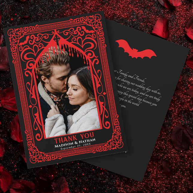 Red Gothic Vampire Cathedral Photo Wedding Dankeskarte (Von Creator hochgeladen)