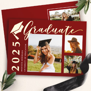Red Grad Casquette Photo Foil Faire-part de gradua