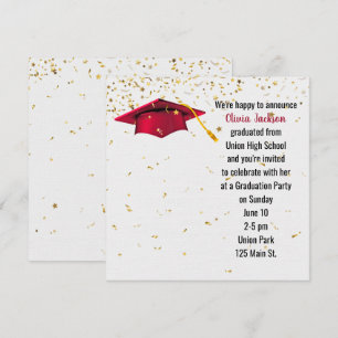 Red Graduation Cap mit Gold Confetti Einladung