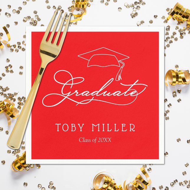 Red Graduation Party Serviette (White script grad cap on red personalized graduation party napkins, paper plates in our store)