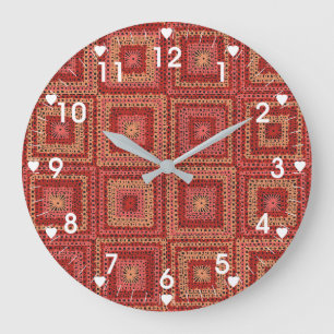 Red Granny Square Pattern Große Wanduhr