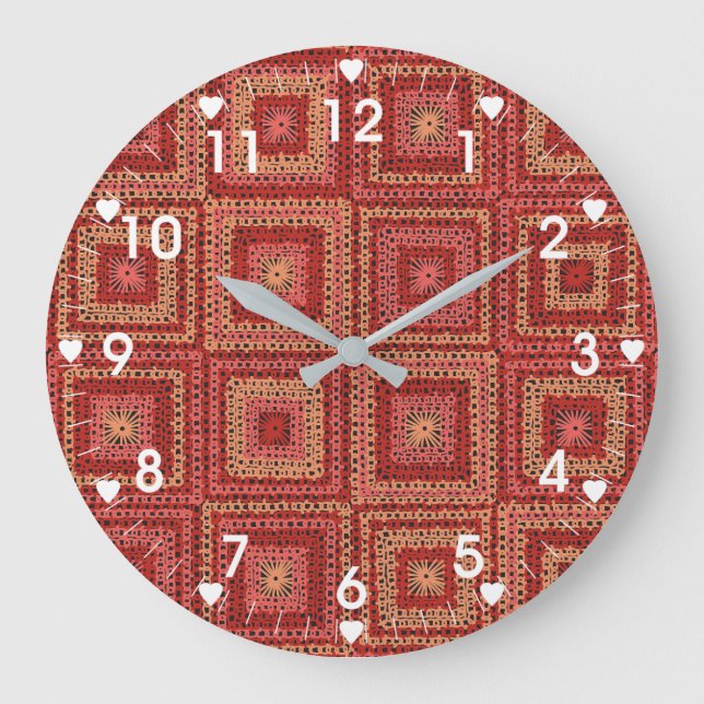 Red Granny Square Pattern Große Wanduhr (Vorderseite)