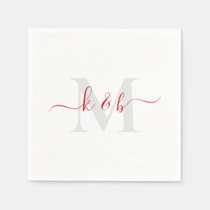 Red & Grau Monogram Swash Script White Cocktail Serviette