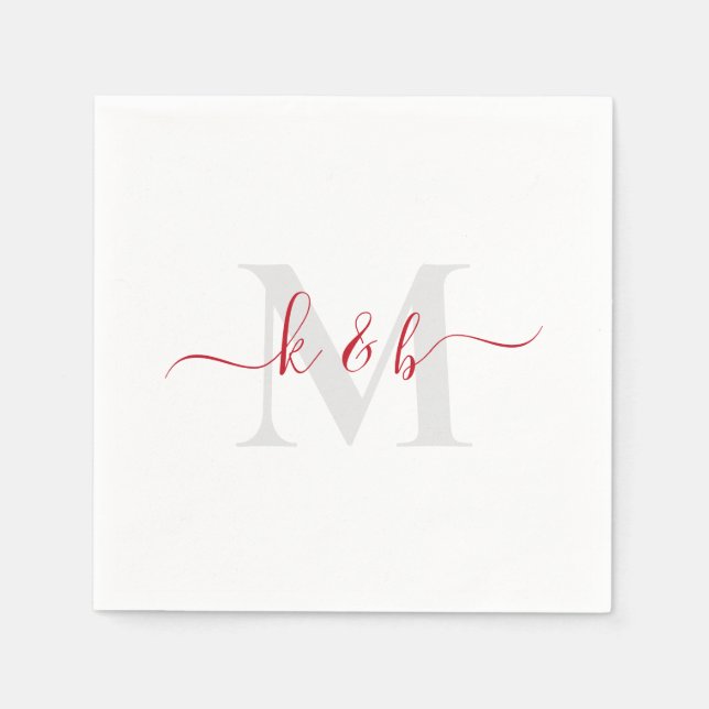 Red & Grau Monogram Swash Script White Cocktail Serviette (Vorderseite)