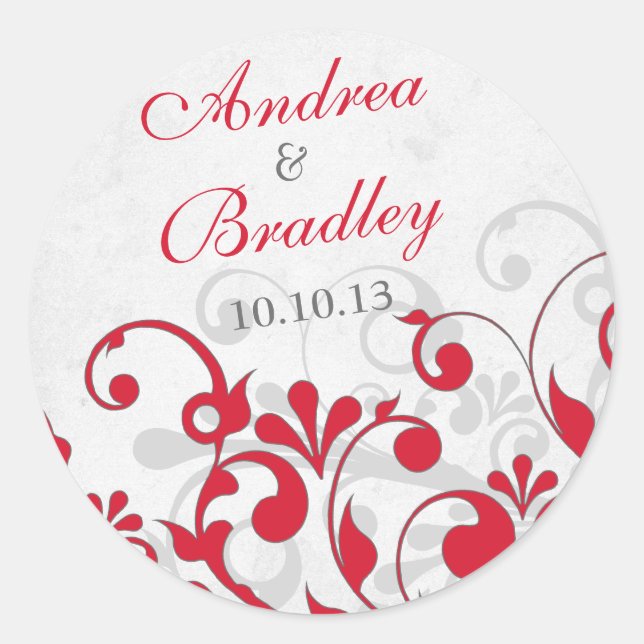 Red Gray Abstrakt Floral Wedding Umschlag Aufklebe Runder Aufkleber (Vorderseite)