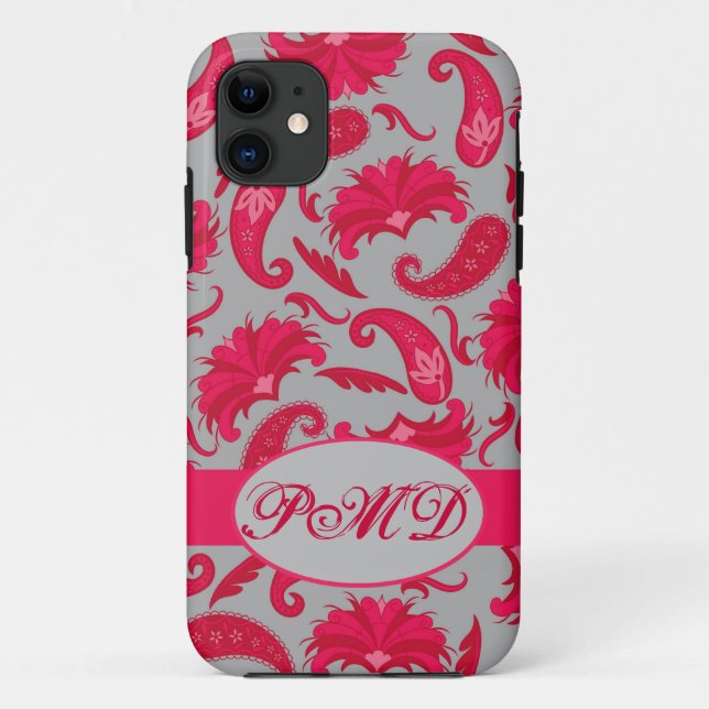 Red Gray Art Deco Parisian Paisley Monogram Case-Mate iPhone Hülle (Rückseite)