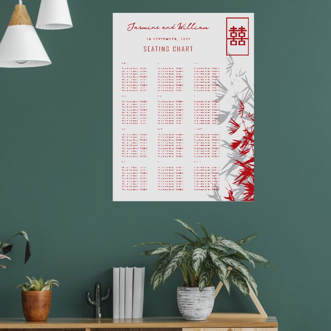 Red & Gray Bamboo Blätter Asiatische Hochzeitsskal Poster (Wohnzimmer 1)