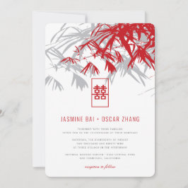 Red Gray Bamboo Blätter Double Xi Chinese Wedding Einladung
