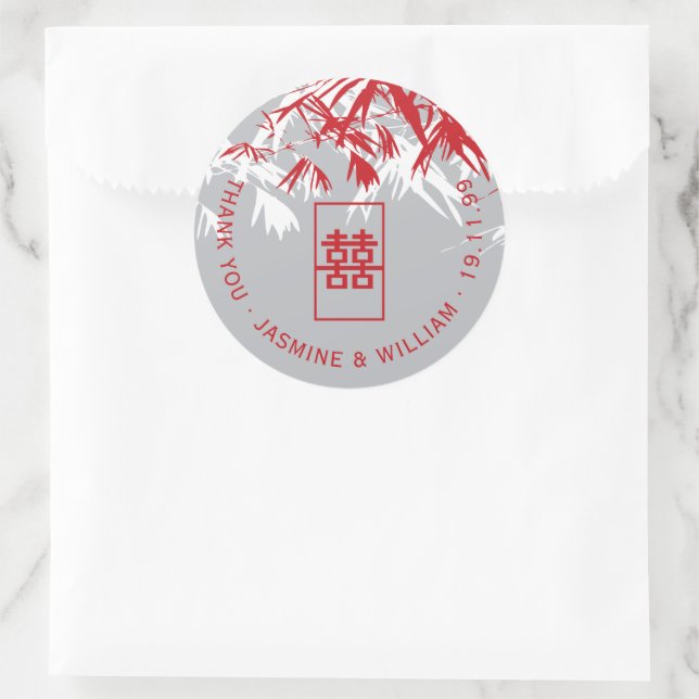 Red & Gray Bamboo Blätter Shuang Xi Chinese Weddin Runder Aufkleber (Tasche)