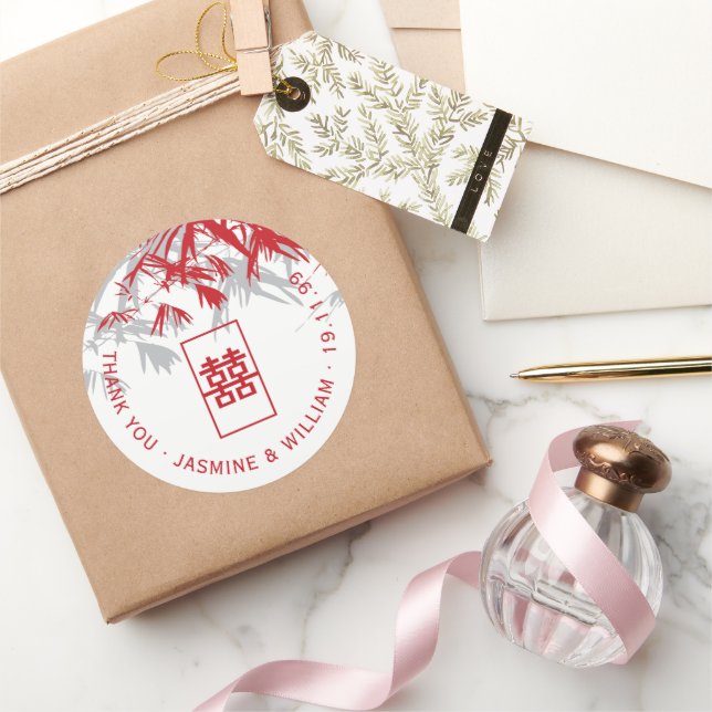 Red & Gray Bamboo Blätter Shuang Xi Chinese Weddin Runder Aufkleber (Schenken)