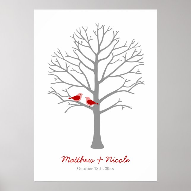 Red Gray Birds Fingerprint Tree Wedding Poster (Vorne)