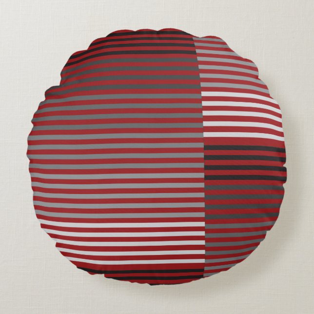 Red, Gray, Black, White Stripes Rundes Kissen (Vorderseite)
