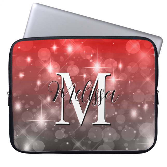Red & Gray Bokeh Modern Monogram Sparkle Laptopschutzhülle (Vorderseite)