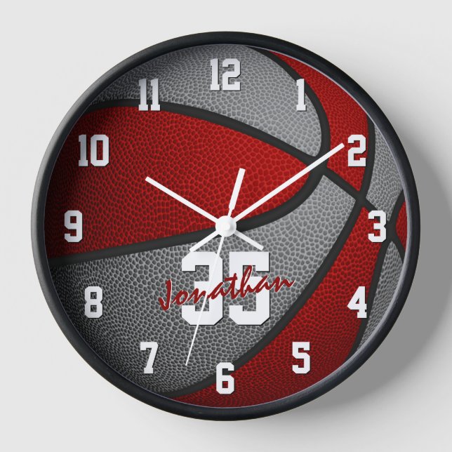 red gray boys girls basketball personalized uhr (Vorderseite)
