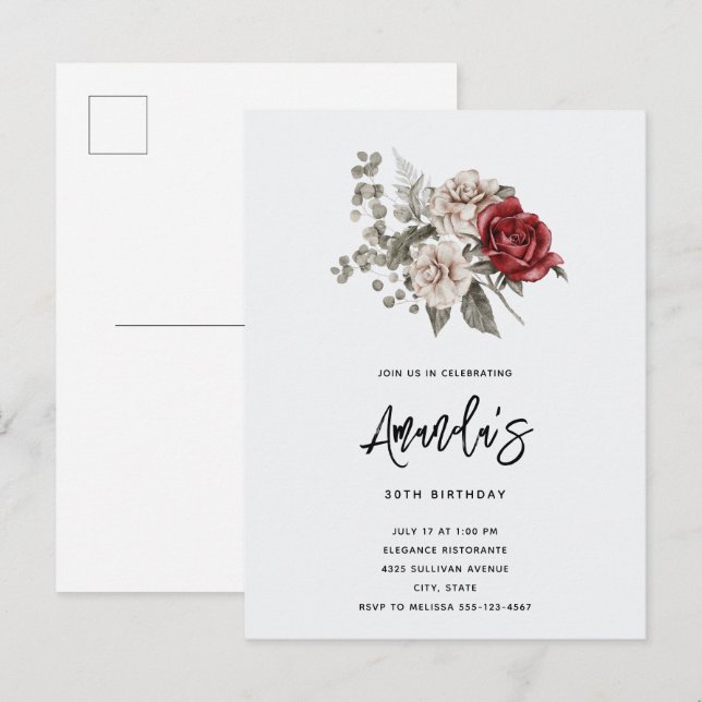 Red Gray & Cream Boho Blume Bouquet Geburtstag Einladungspostkarte (Vorne/Hinten)