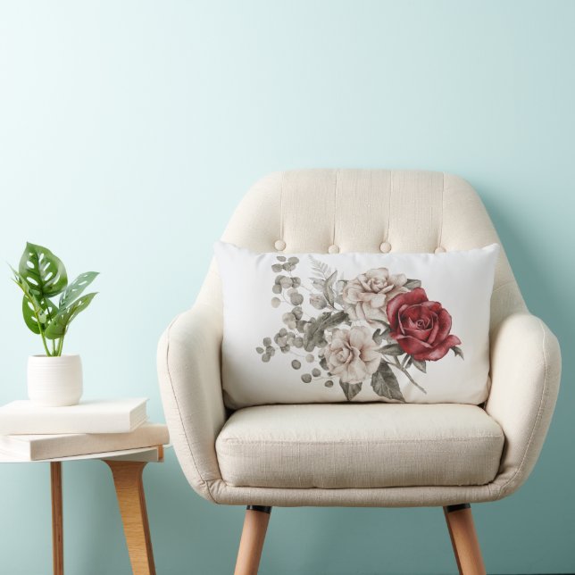 Red Gray & Cream Boho Blume Bouquet Lendenkissen (Stuhl )
