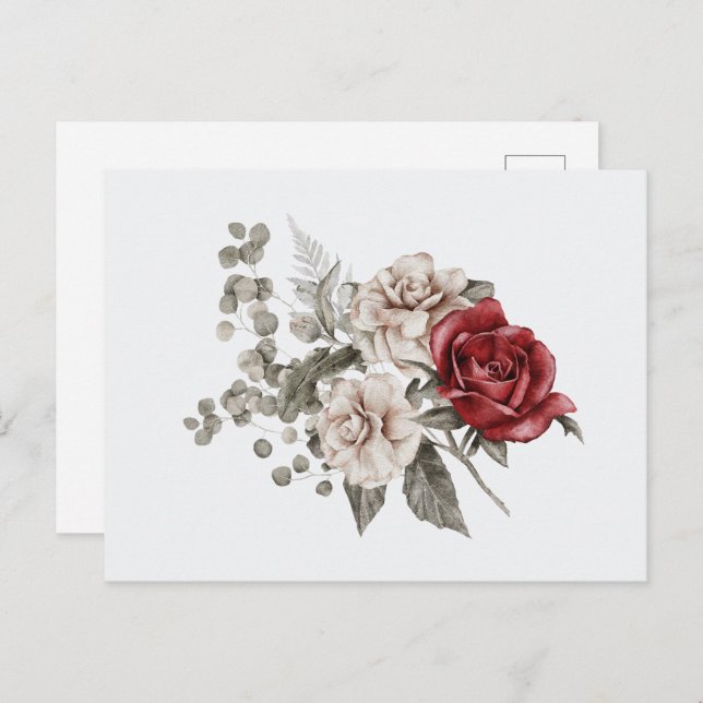 Red Gray & Cream Boho Blume Bouquet Postkarte (Vorne/Hinten)