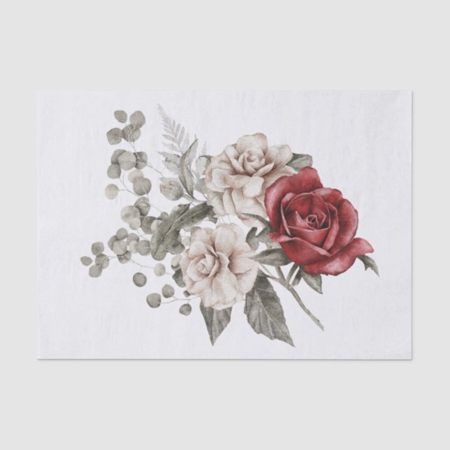 Red Gray & Cream Boho Blume Bouquet Seidenpapier (Vorderseite)