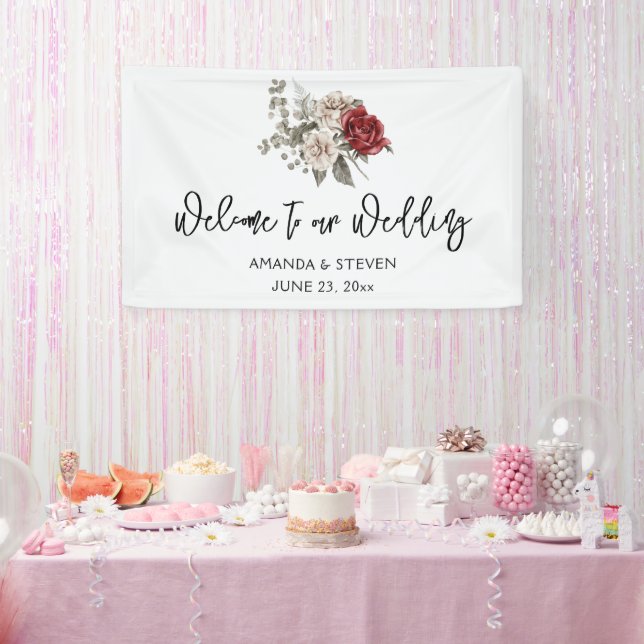 Red Gray & Cream Boho Blume Bouquet Wedding Banner (Party)