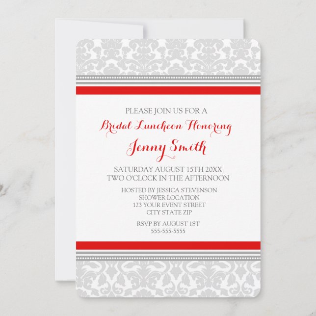 Red Gray Damask Bridal Lunch Einladungskarten (Rückseite)