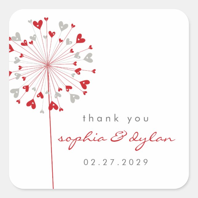 Red & Gray Dandelion Blume Liebe Hearts Wedding Quadratischer Aufkleber (Vorderseite)