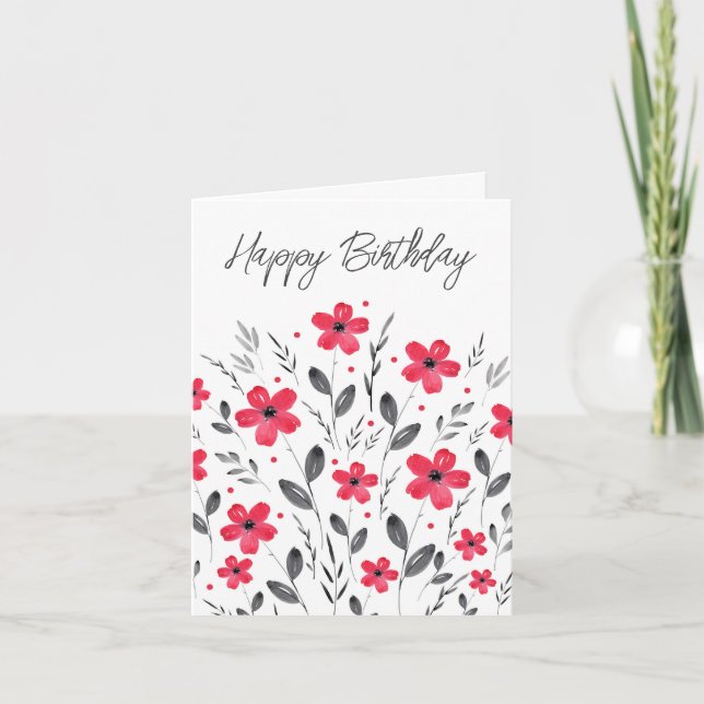 Red Gray Five Petal Watercolor Floral Motif Karte (Vorderseite)