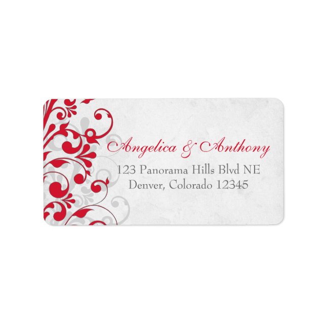 Red Gray Floral Wedding Rücksendeadressen-Aufklebe Adressaufkleber (Vorne)