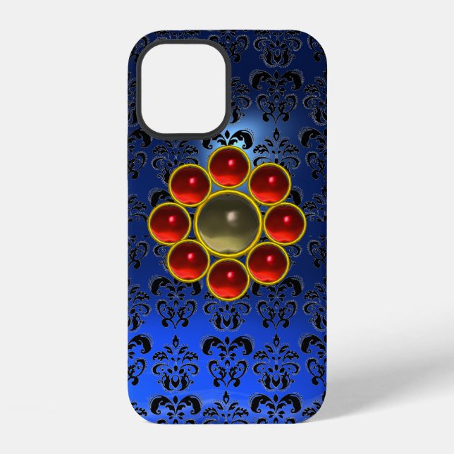 RED GRAY GEMSTONE MON Bright Blue Damask iPhone 12 Hülle (Rückseite)