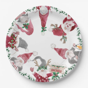 Red Gray Gnomes Weihnachtsdekor Party Wasserfarbe Pappteller