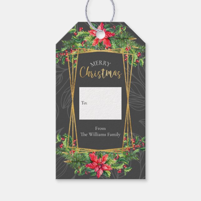Red Gray Gold Floral Frohe Weihnachten Geschenkanhänger (Vorderseite)