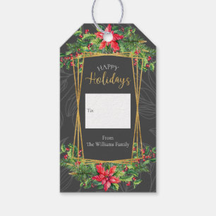 Red Gray Gold Floral Happy Holidays Geschenkanhänger