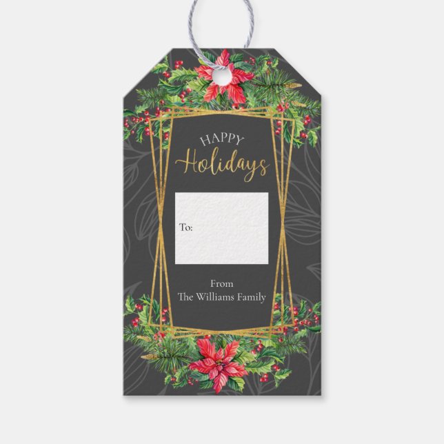 Red Gray Gold Floral Happy Holidays Geschenkanhänger (Vorderseite)