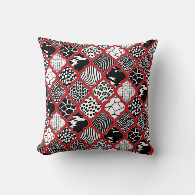 Red Gray Hollywood Regency Marokkanisches Tierbild Kissen (Vorderseite)