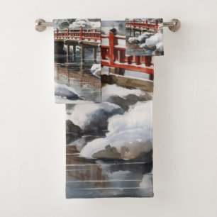 Red Gray Japanisch Pagoda Soribashi Winter Badhandtuch Set