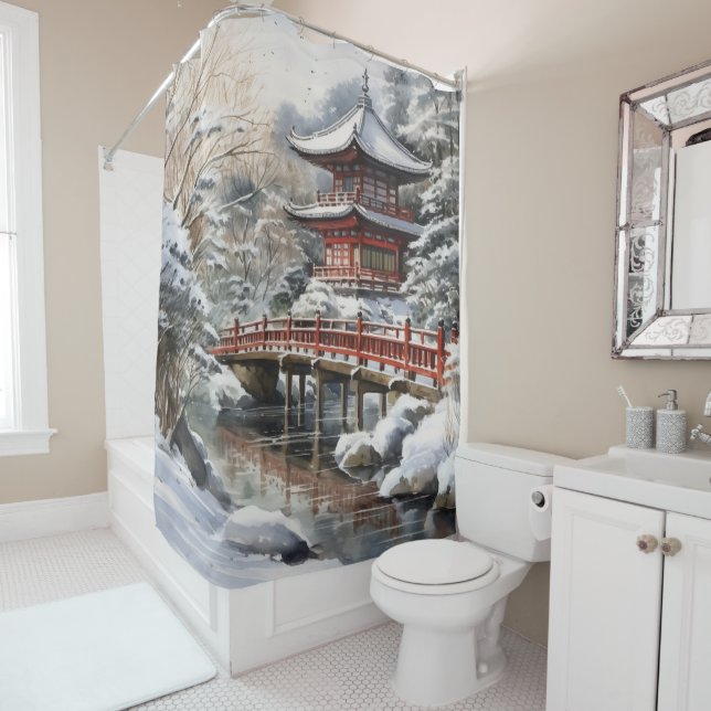 Red Gray Japanisch Pagoda Soribashi Winter Duschvorhang (Beispiel)
