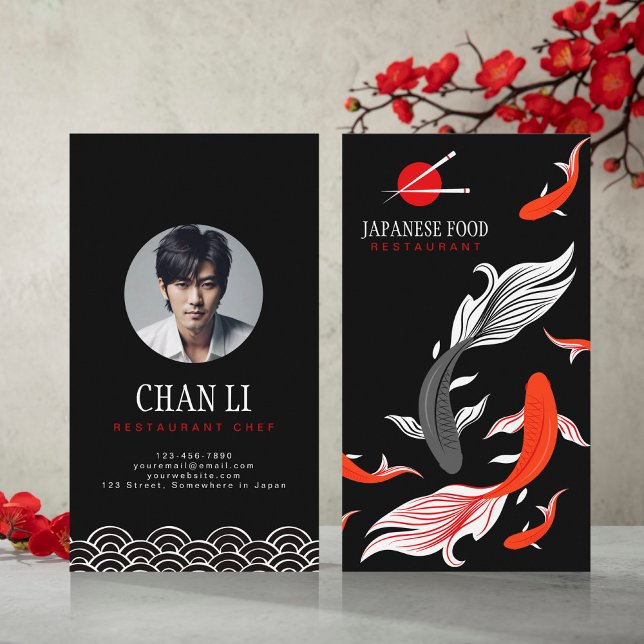 Red Gray Koi Fisch auf schwarzem Hintergrund Japan Visitenkarte (Von Creator hochgeladen)